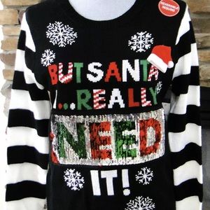Womens But Santa I... Reversible Sequins Christmas Holiday Sweater Size S (3-5)